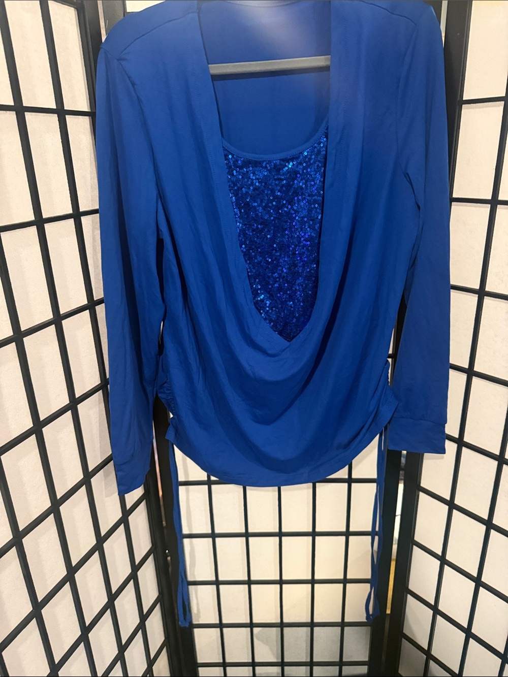Women's Royal Blue Long-Sleeve Draped Top with Sequin Inset